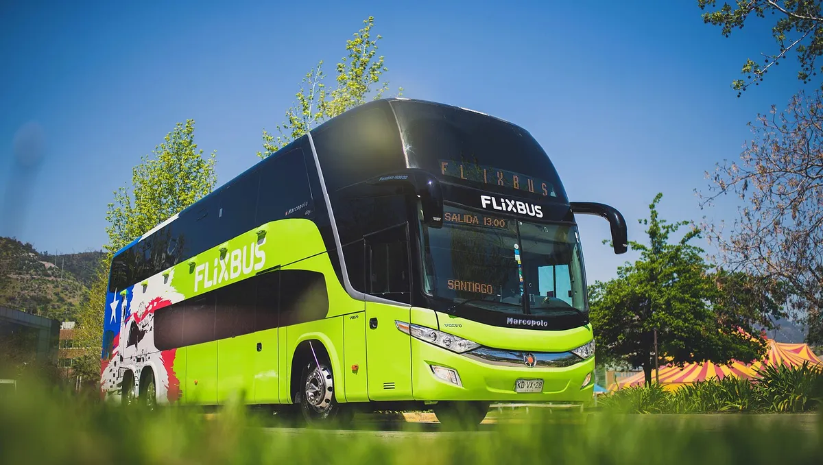 A FlixBus double-decker coach photographed at the brand's launch in Chile, its South American market before Peru.