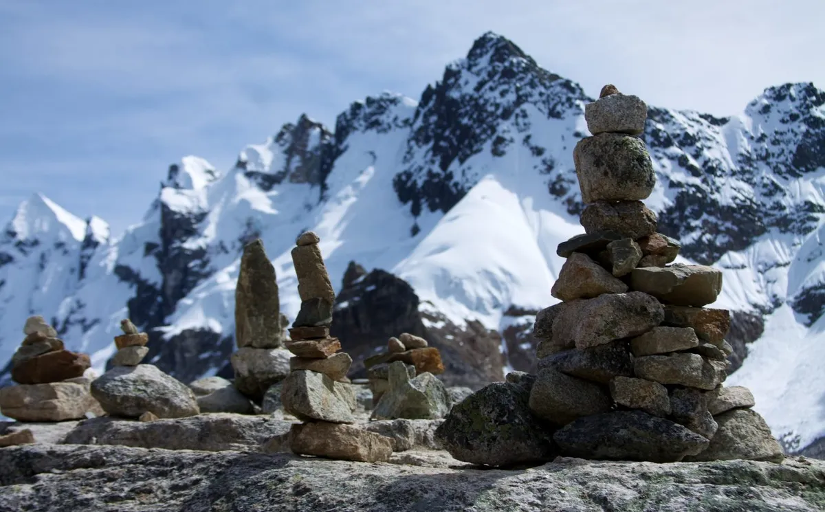 Salkantay trek stone piles, or apachetas