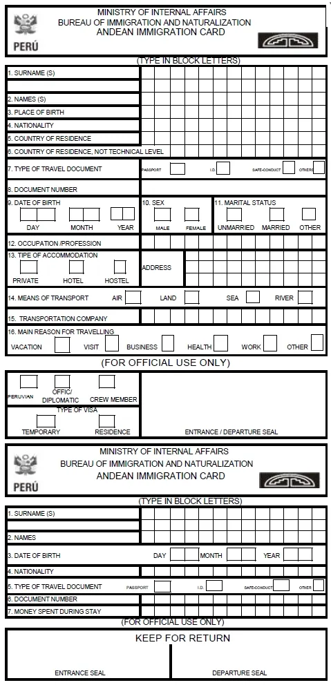 Peru tourist card Tarjeta Andina