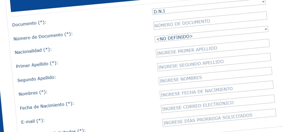 This is the first online form you'll need to fill in to get your tourist visa extension in Peru (screenshot from Migraciones website)